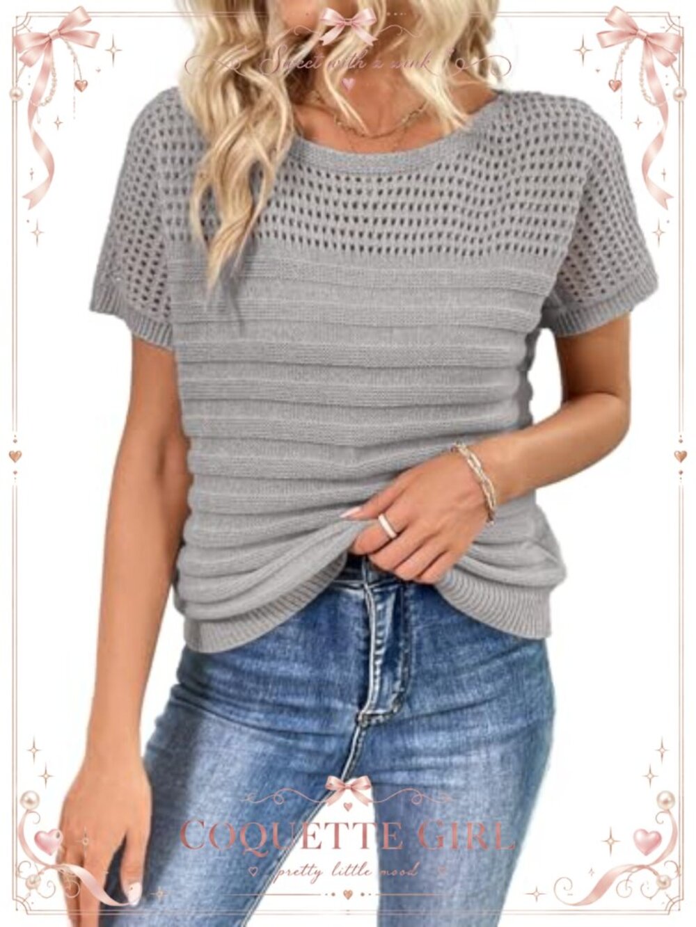 Women's Crochet Knit Sweater Short Sleeve Crew Neck Pullover